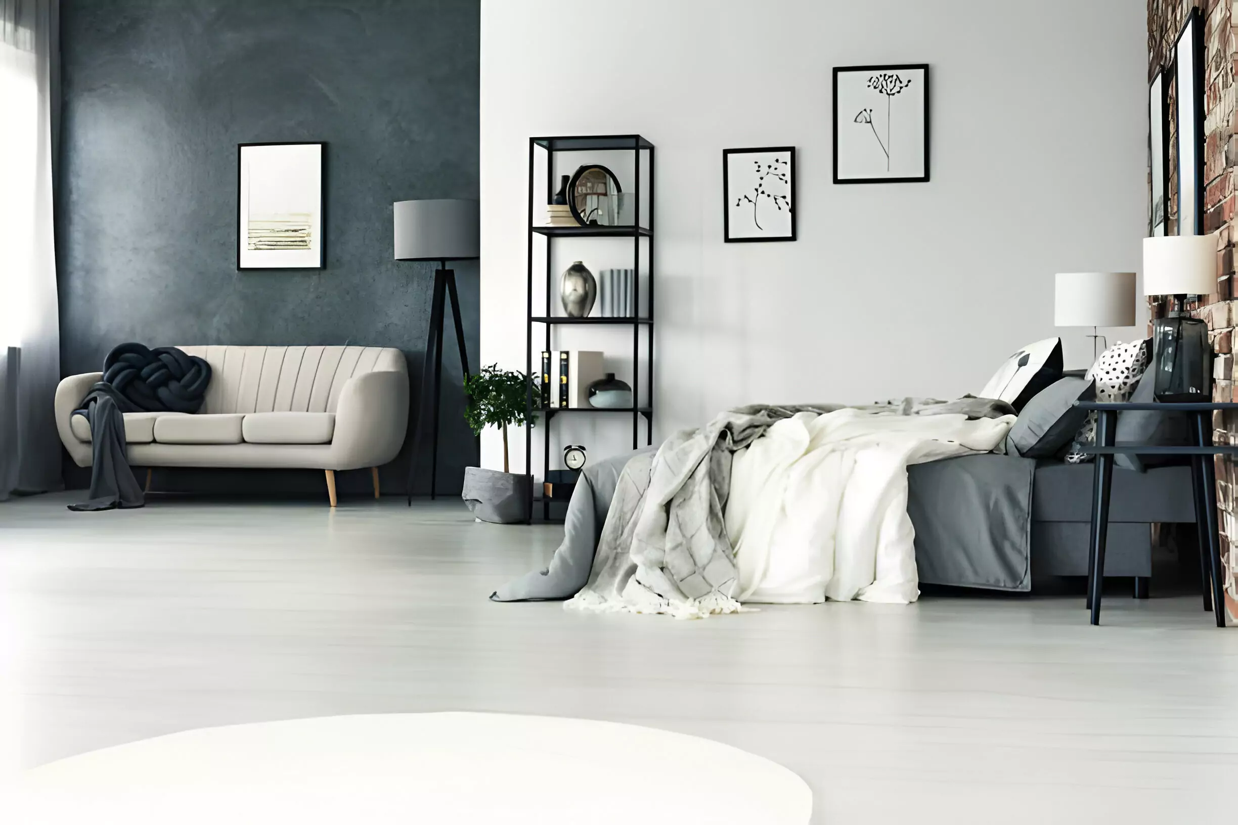 Stylish bedroom interior showcasing a color combination of dark gray and white walls, ideal