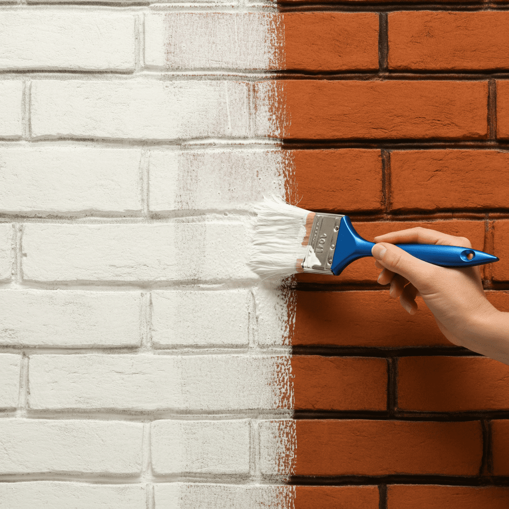Close-up of a hand painting a brick wall white, showcasing All Coast Painting's expertise