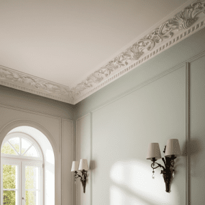 Traditional crown molding detail and decorative trim along wall and ceiling