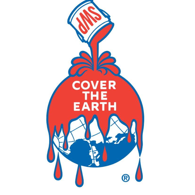 Illustration of paint pouring over a globe with the slogan "Cover the Earth"